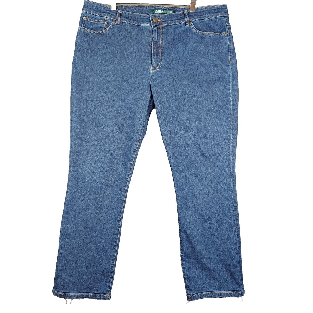 Lauren‎ Ralph Lauren Jeans Women 18 Blue Straight Leg Stretch Raw Hem Mid Rise